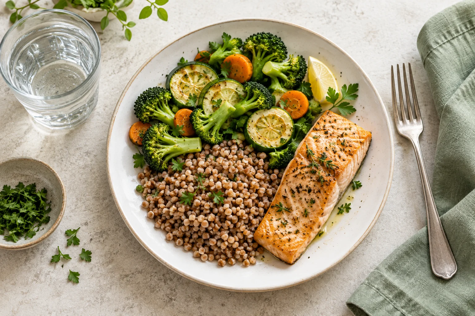Блюдо с рыбой, овощами и гречкой для иллюстрации разнообразного рациона